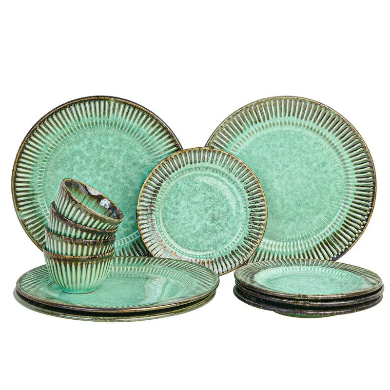 Rustic Green Ceramic Dinner Set - 12 Piece Set media 3