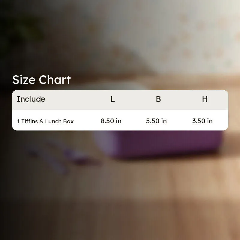 Purple lunch box softly blurred in the background beneath a size chart.