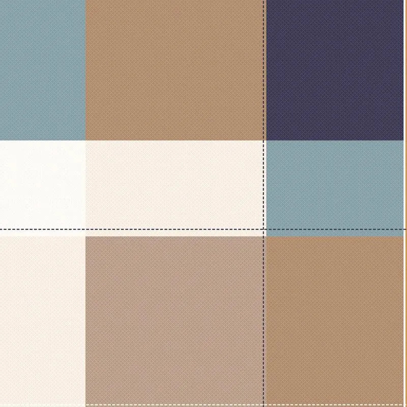 Close-up of the geometric check pattern in brown, cream, blue and navy