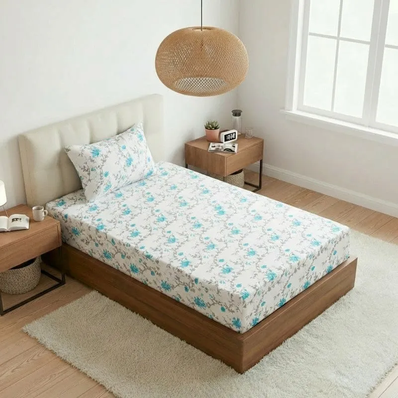 Catalina Floral Printed Cotton Bedsheet (Blue) - 180 TC media 1