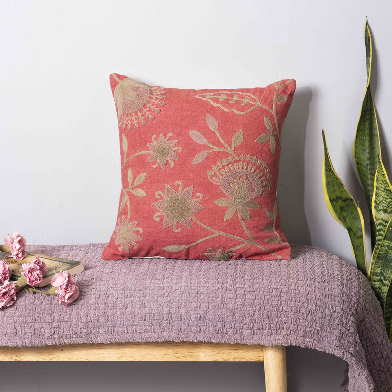 Ruby Buds Embroidered Cotton Cushion Cover media 2