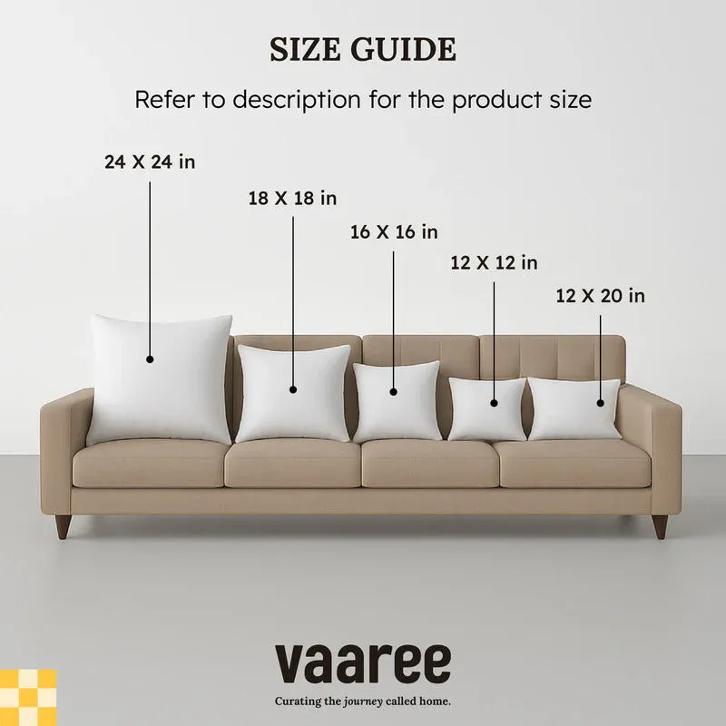 Cushion size guide graphic shown on a beige sofa
