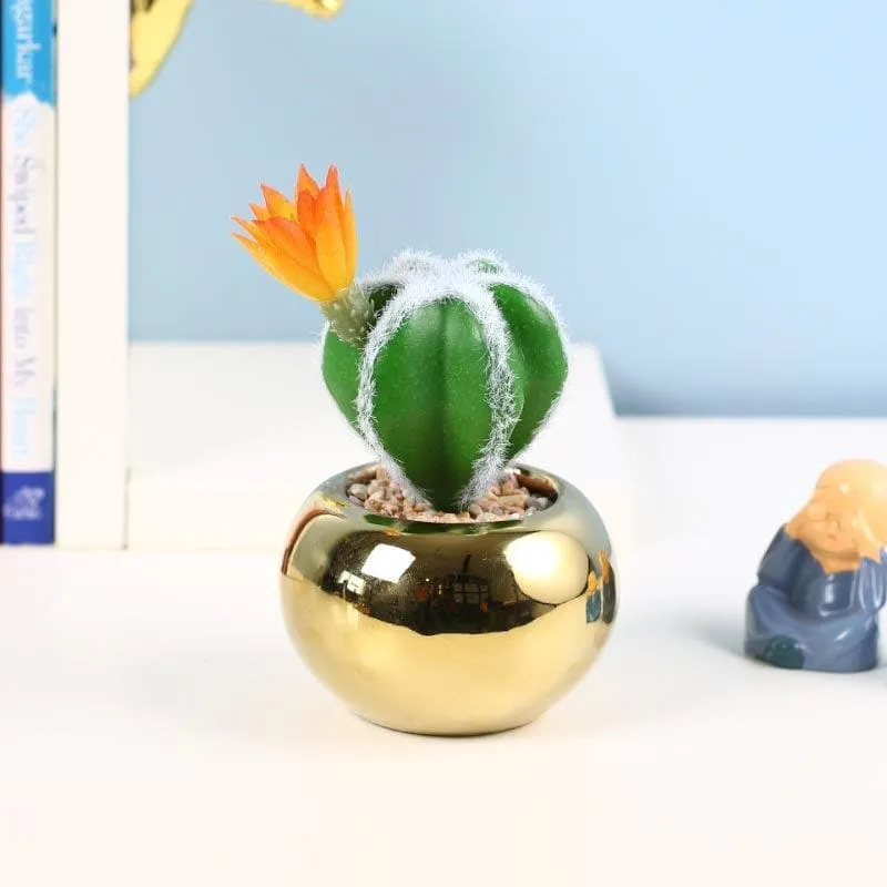 Faux Cacti In Gold Ceramic Pot - 14.5 cms media 1