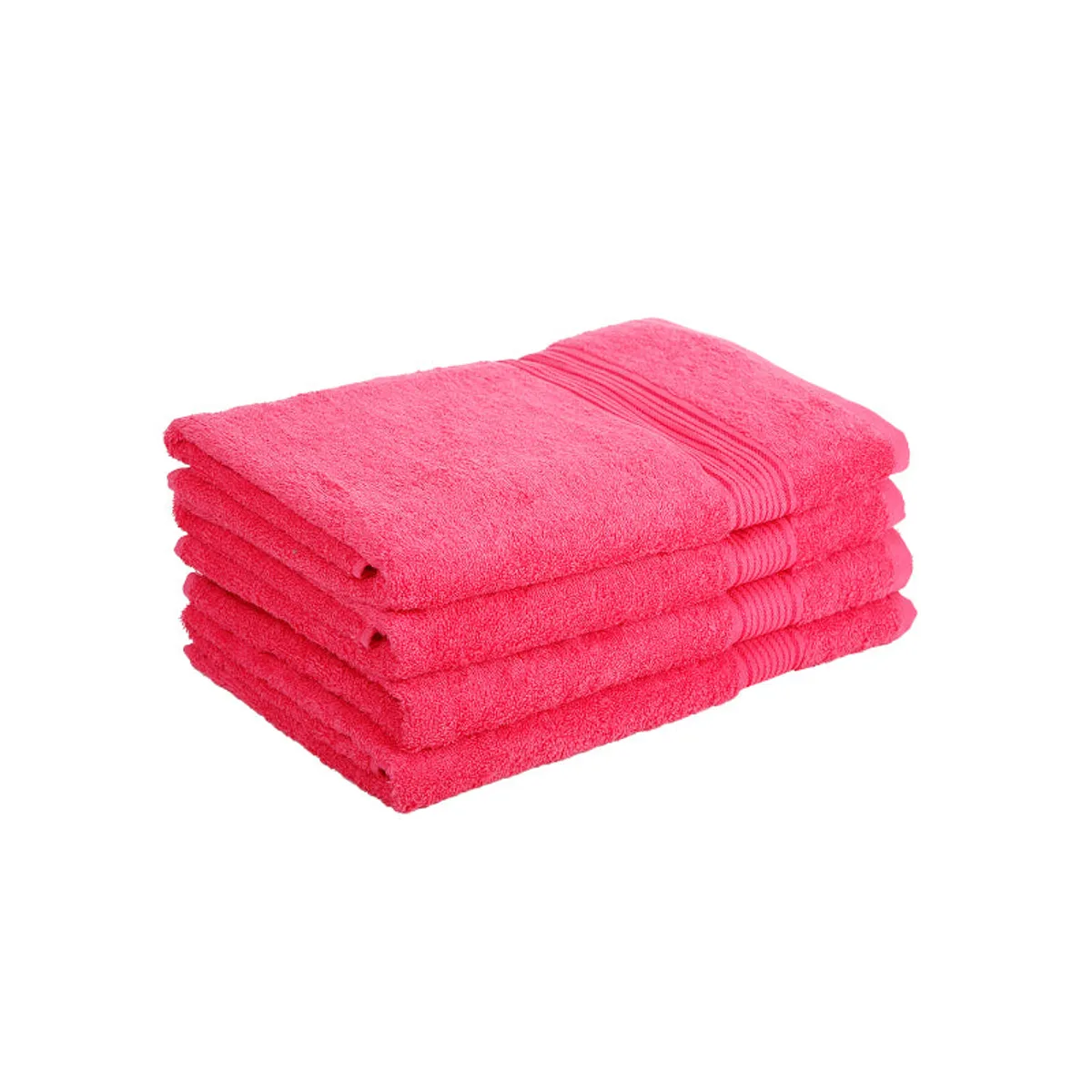 Stack of four pink bath towels viewed at an angle