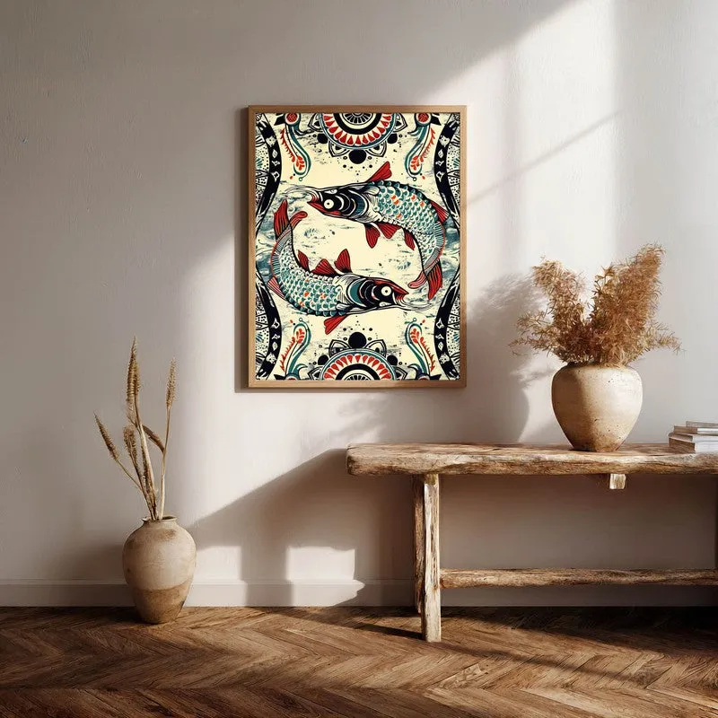 Fish Illustration Canvas Wall Painting With Brown Frame media 1