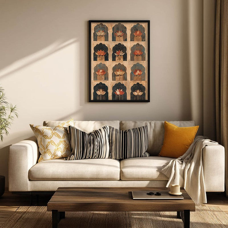 Heritage Lotus Arch Motif Canvas Wall Painting With Black Frame