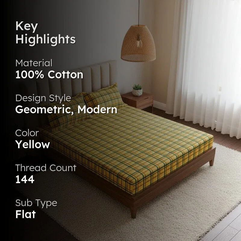 Sanja Checkered Cotton Bedsheet (Yellow) - 144 TC media 2
