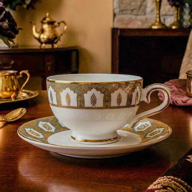 Gilded Chinar 24k Gold Brushed Porcelain Tea Cup & Saucer (280 mL) - Set of Six media 3