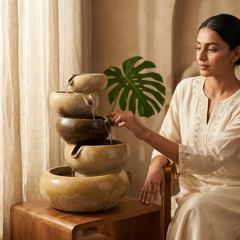 Woman beside a tiered beige and brown tabletop water fountain