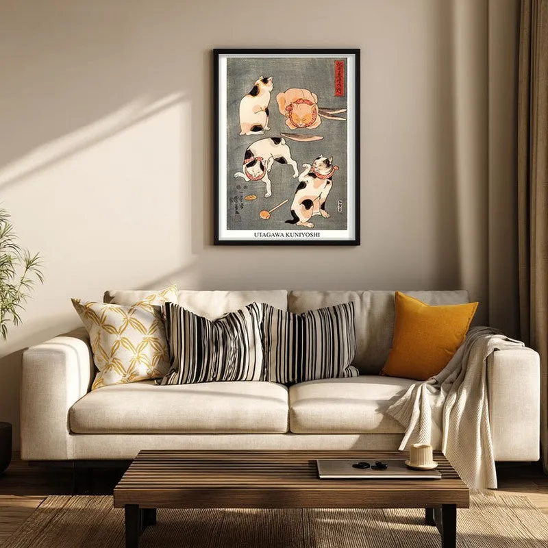 Four Cats In Different Poses Utagawa Kuniyoshi Archival Canvas Wall Painting - Black Frame media 3