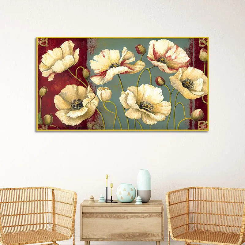 Crimson & Ivory Poppies Floral Canvas Wall Painting With Frame - Gold media 1