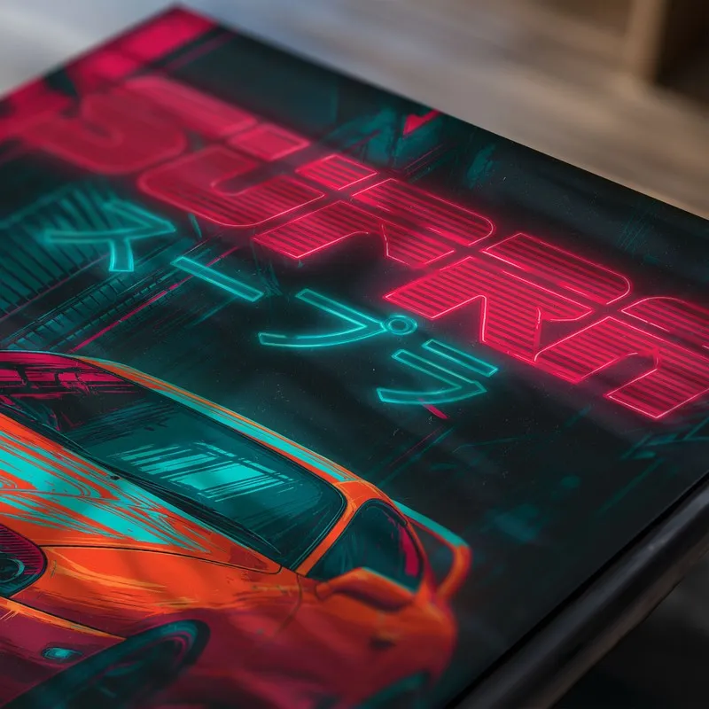 Close-up of neon-style car poster in pink, teal and black
