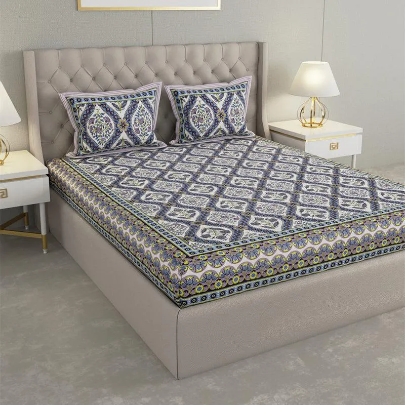 Kirthi Printed Cotton Bedsheet (Blue) - 240 TC media 1