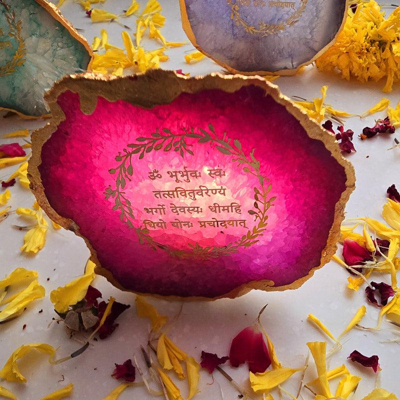 Festive Gayatri Mantra Agate Tealight Candle Holder - Pink media 4