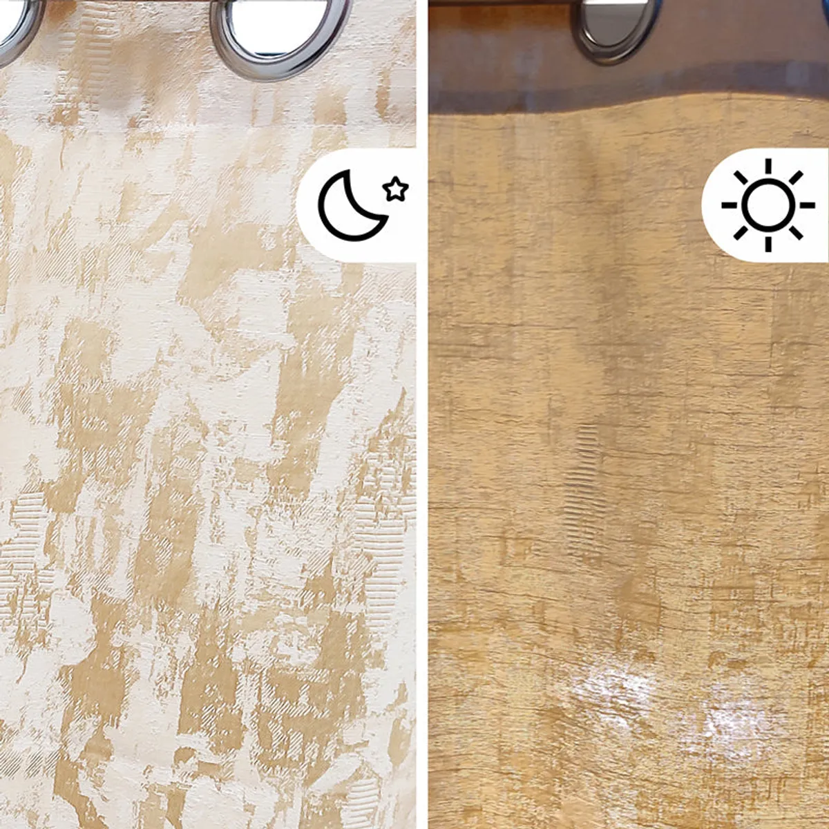 Beige curtain fabric shown with light and dark room-setting visuals