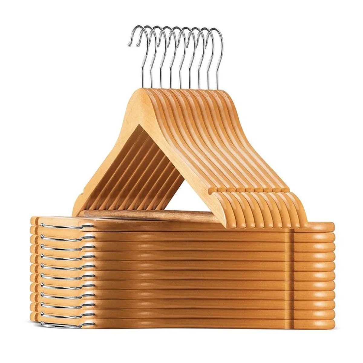 Stack of wooden clothes hangers with chrome hooks