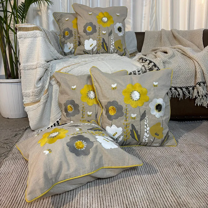 Ochre Flowers Tufted Cushion Cover (Yellow & Grey) - Set Of Five media 1