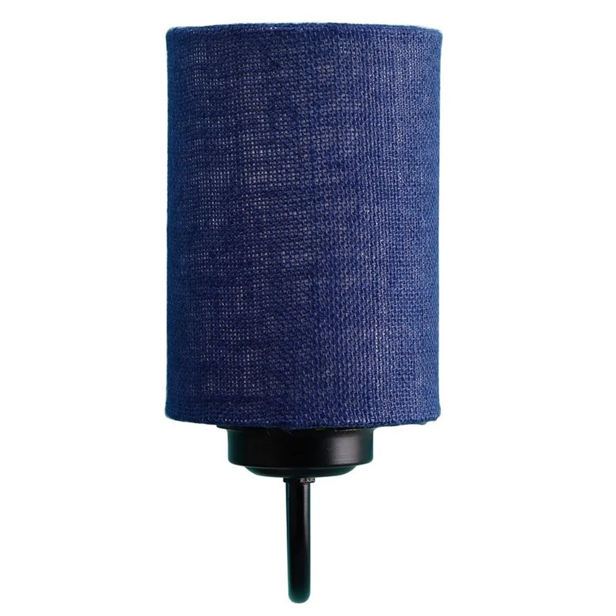 Blue cylindrical jute lamp shade with black fitting on white background