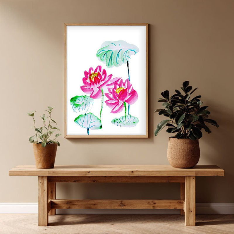 Lotus Scribbles Archival Paper Wall Art - Natural Brown Frame