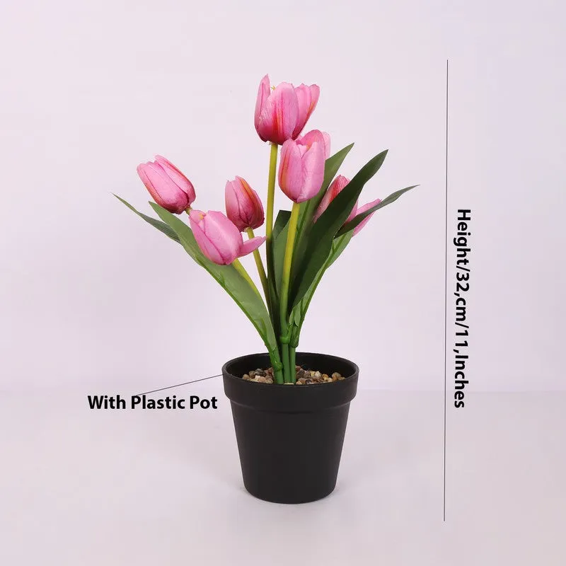 Artificial Tulip Flower Plant With Black Plastic Pot - Pink media 6
