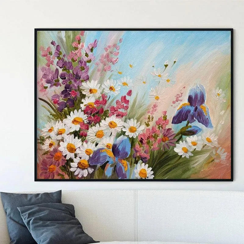 Abstract Flower Daisies Canvas Wall Painting - Black Frame media 1