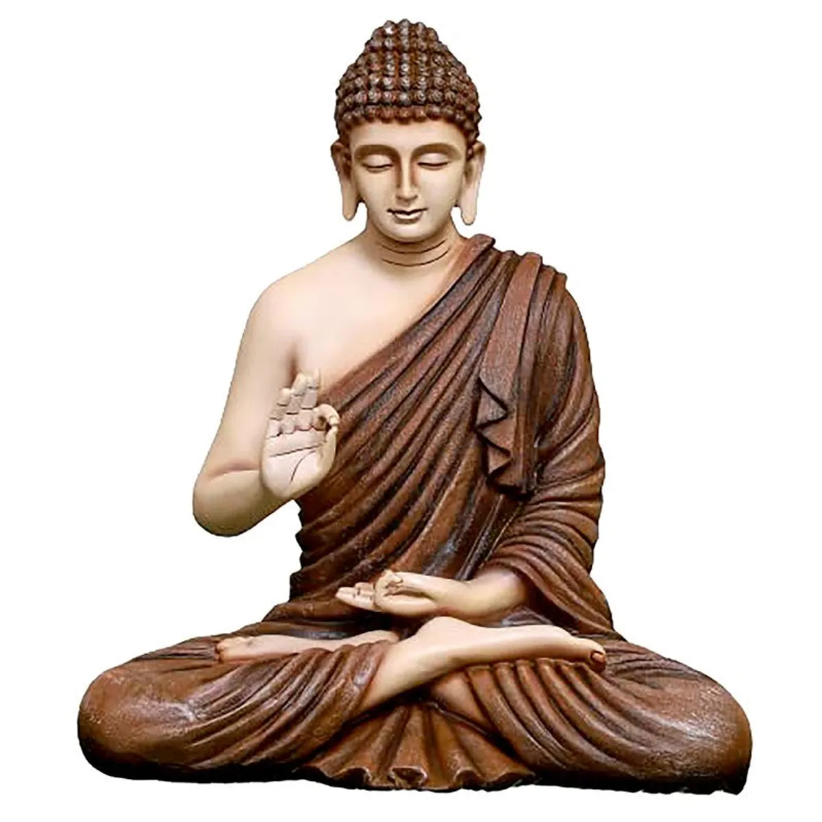 Brown and ivory Buddha showpiece on a plain white background
