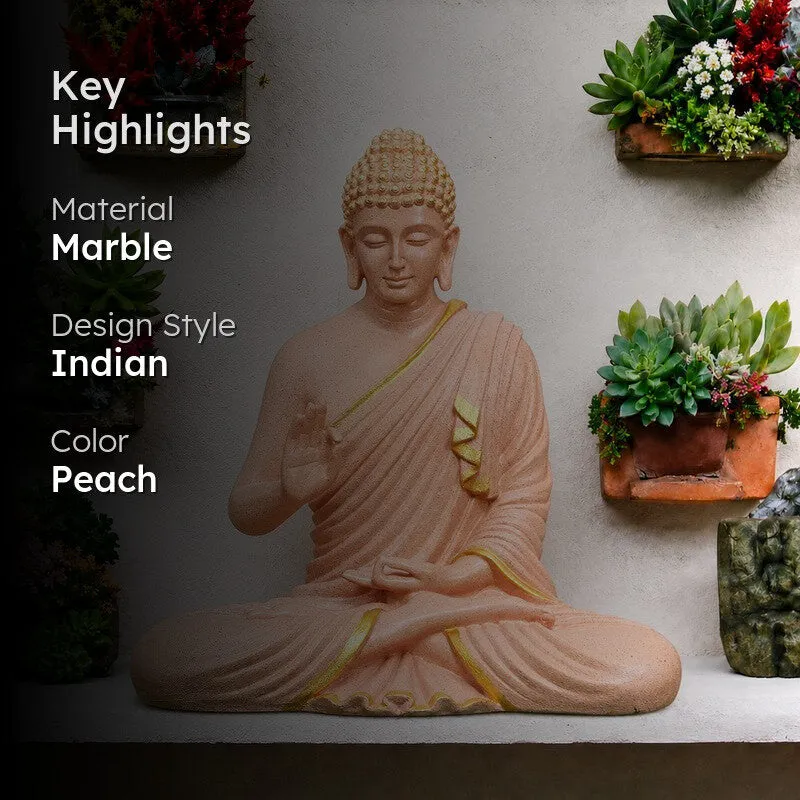 Peach Buddha idol displayed among plants with key product highlights