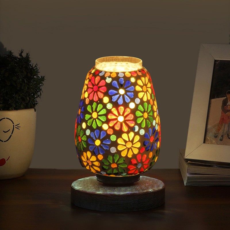 Crystique Glass Table Lamp With Wooden Base - Multicolor