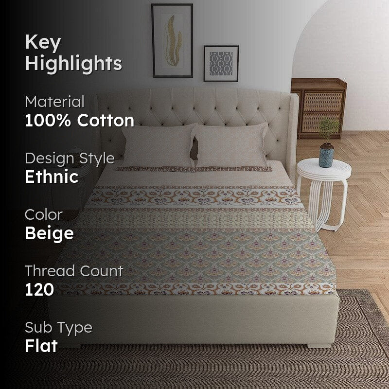 Iris Printed Cotton Bedsheet (Beige) - 120 TC media 2