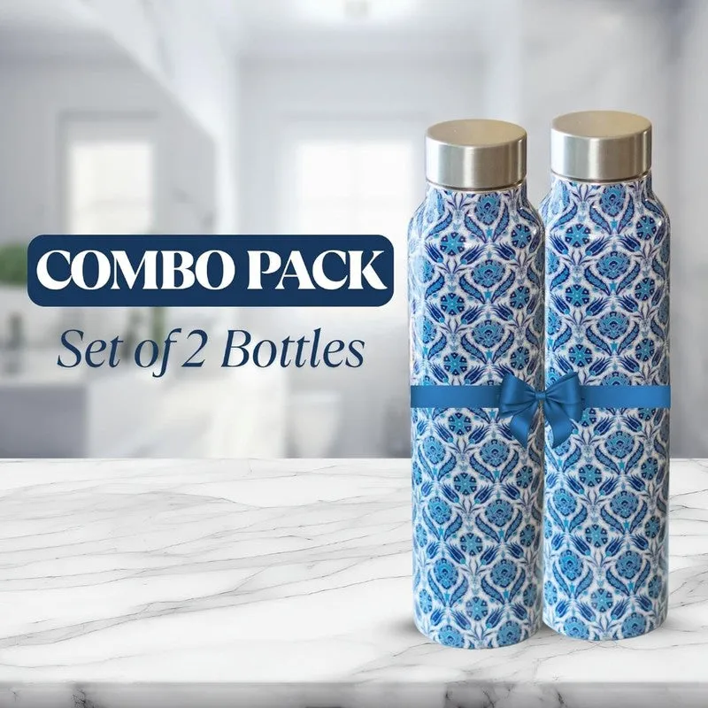Blue Moroccan Print Stainless Steel Water Bottle (1000 mL Each) - Set Of Two media 4