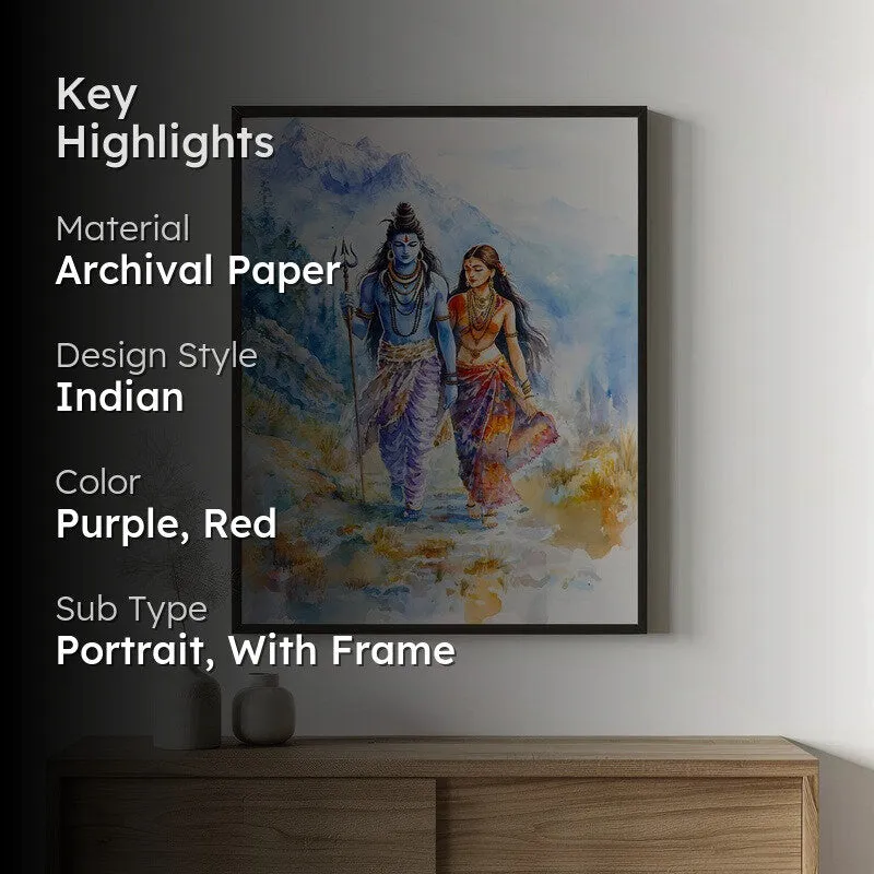 Gangadhara Parvati Spiritual Archival Paper Wall Painting With Frame - Black media 2