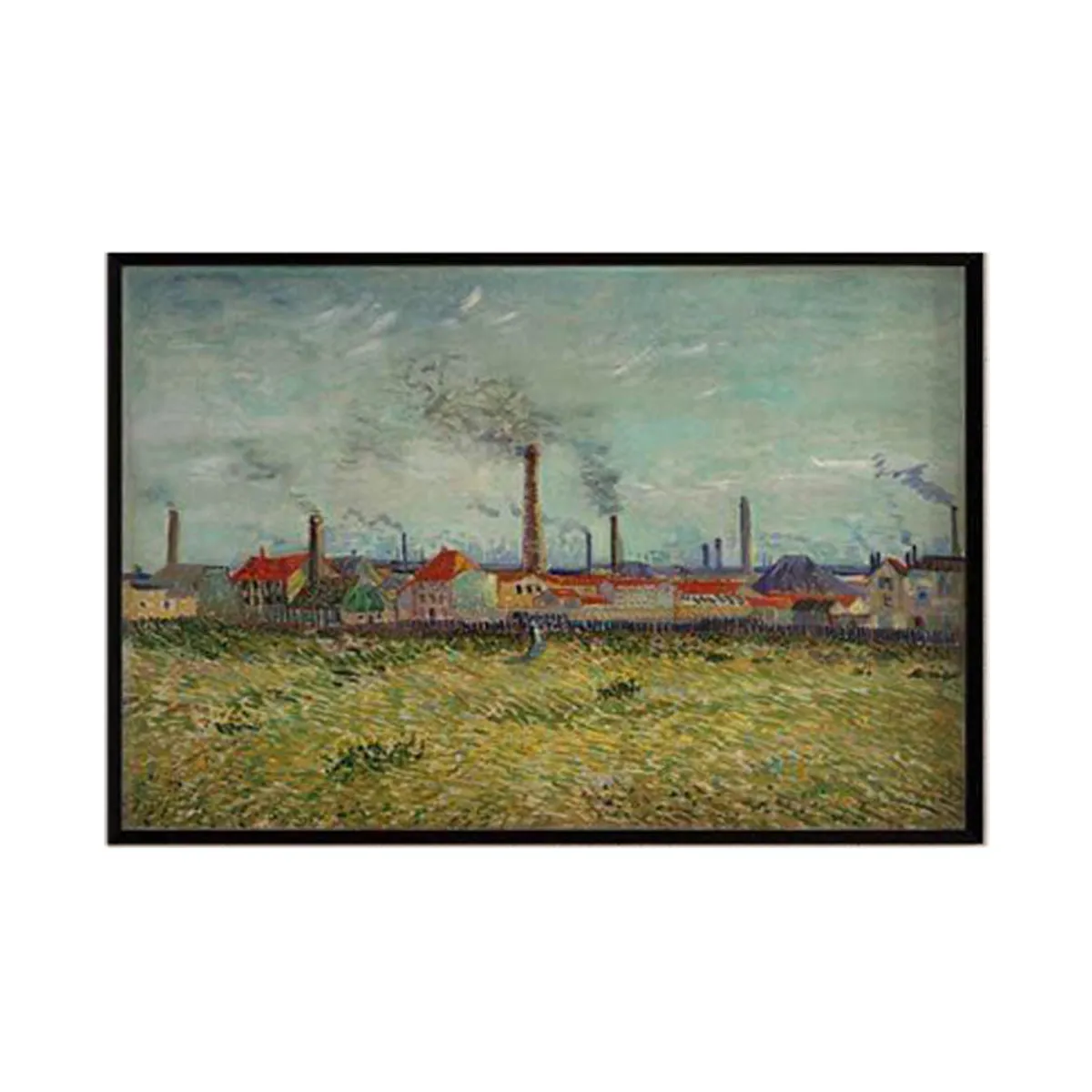 Front view of a black-framed landscape painting on a plain white background.