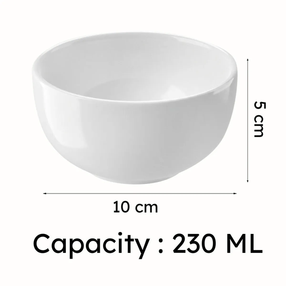 White snack bowl shown with visible 10 cm width and 5 cm height