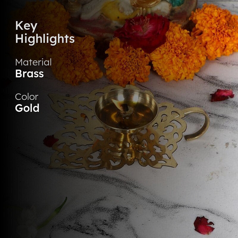 Leafy Brass Diya With Handle media 2