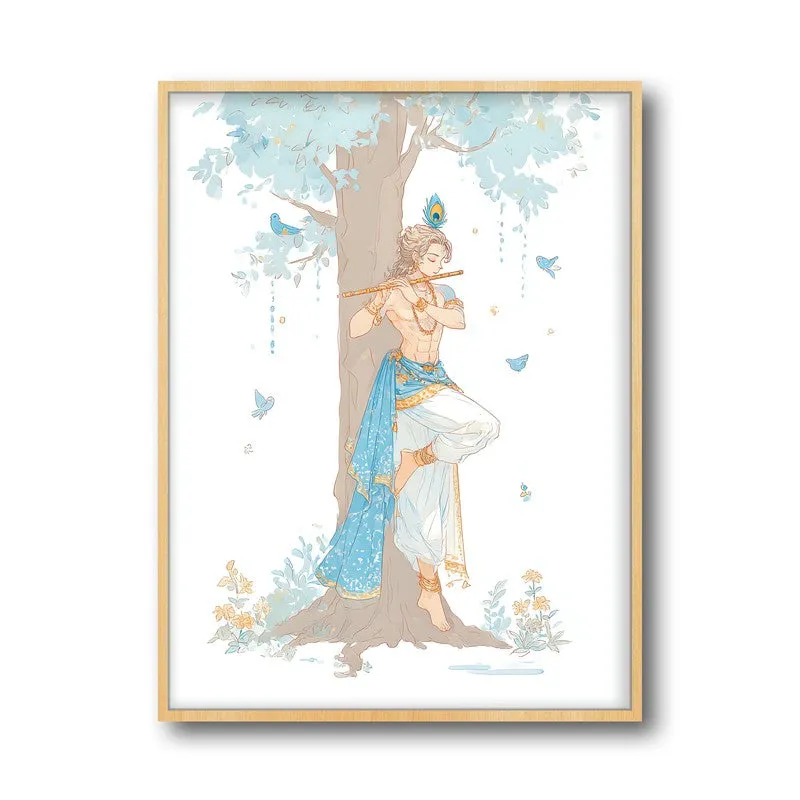 Lord Krishna Keshav Charming Archival Paper Wall Art - Natural Brown Frame media 5
