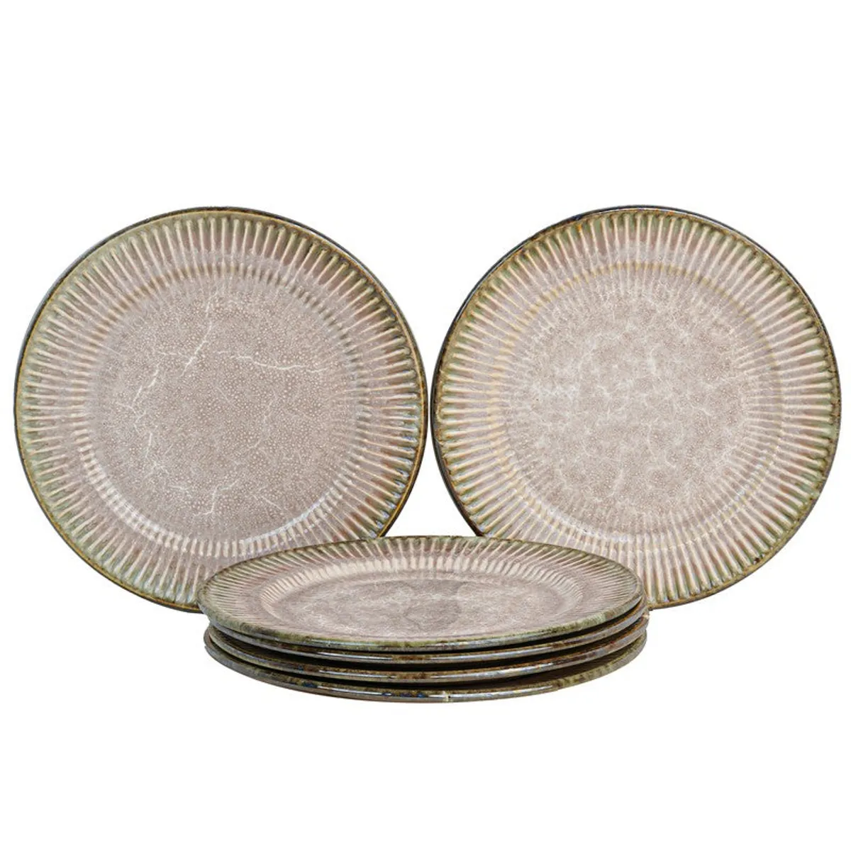Six pink ceramic quarter plates arranged against a white background.