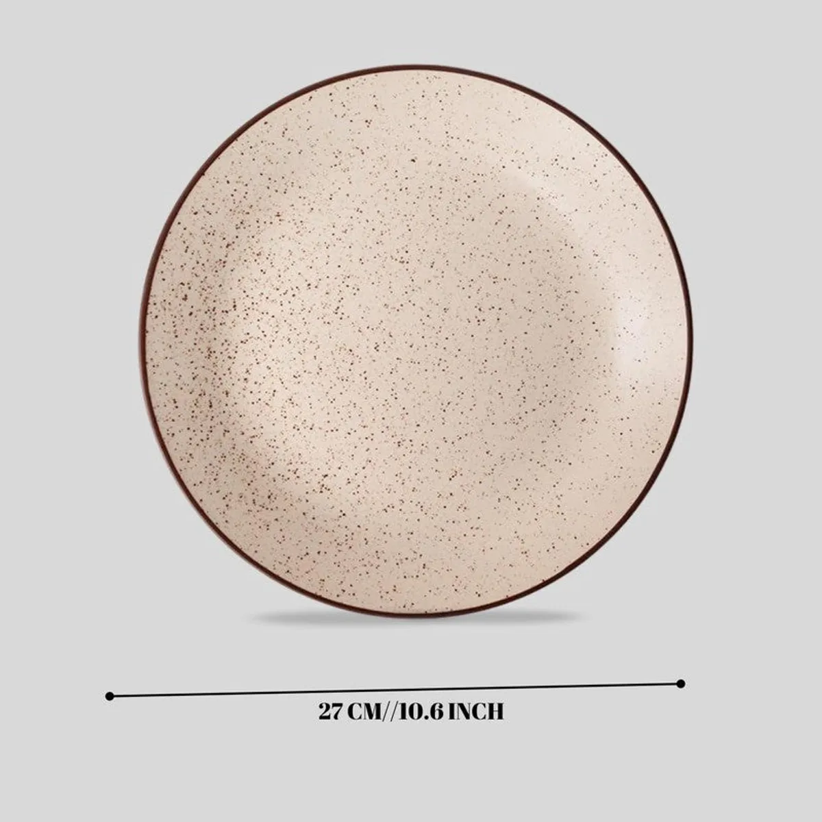 Single beige speckled ceramic plate with a brown rim shown against a plain background.