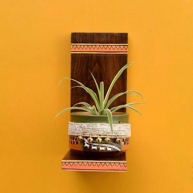 Moya Wall Shelf With Wooden Earthen Planter - Set Of Two media 1