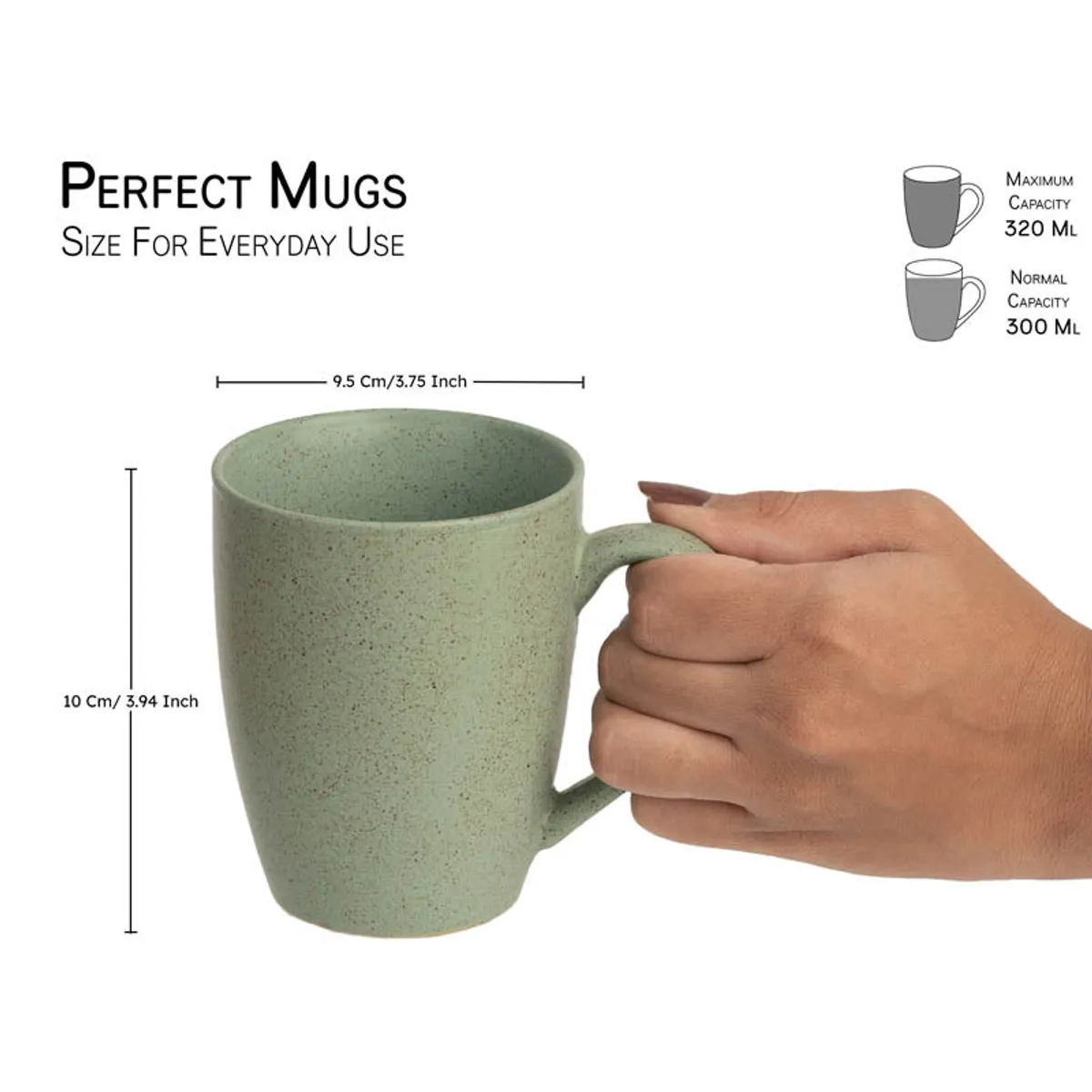 Green ceramic mug with a comfortable handle shown alongside its dimensions.