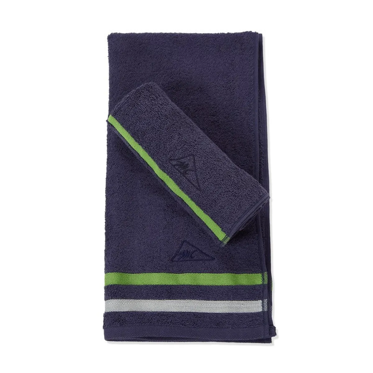 Blue hand towel and matching smaller towel with green and white striped borders