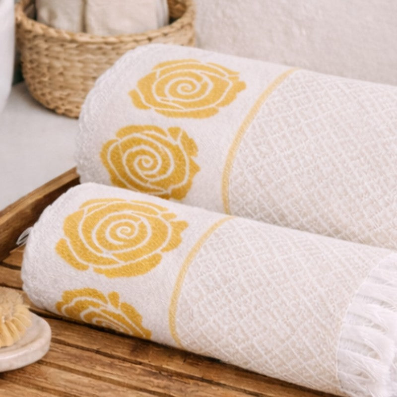 Rosette Cotton Bath Towel (Yellow & White) - Set Of Two media 8