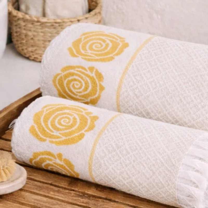 Rosette Cotton Bath Towel (Yellow & White) - Set Of Two media 8