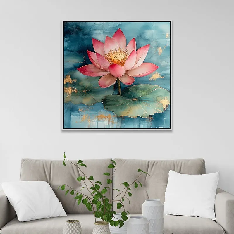 Lotus Lake Canvas Wall Painting With Frame - White media 1
