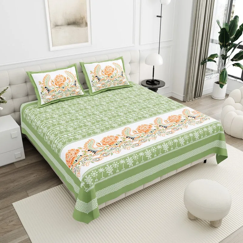 Ethnic Classic Cotton Bedsheet (Green,White) - 120 TC media 1