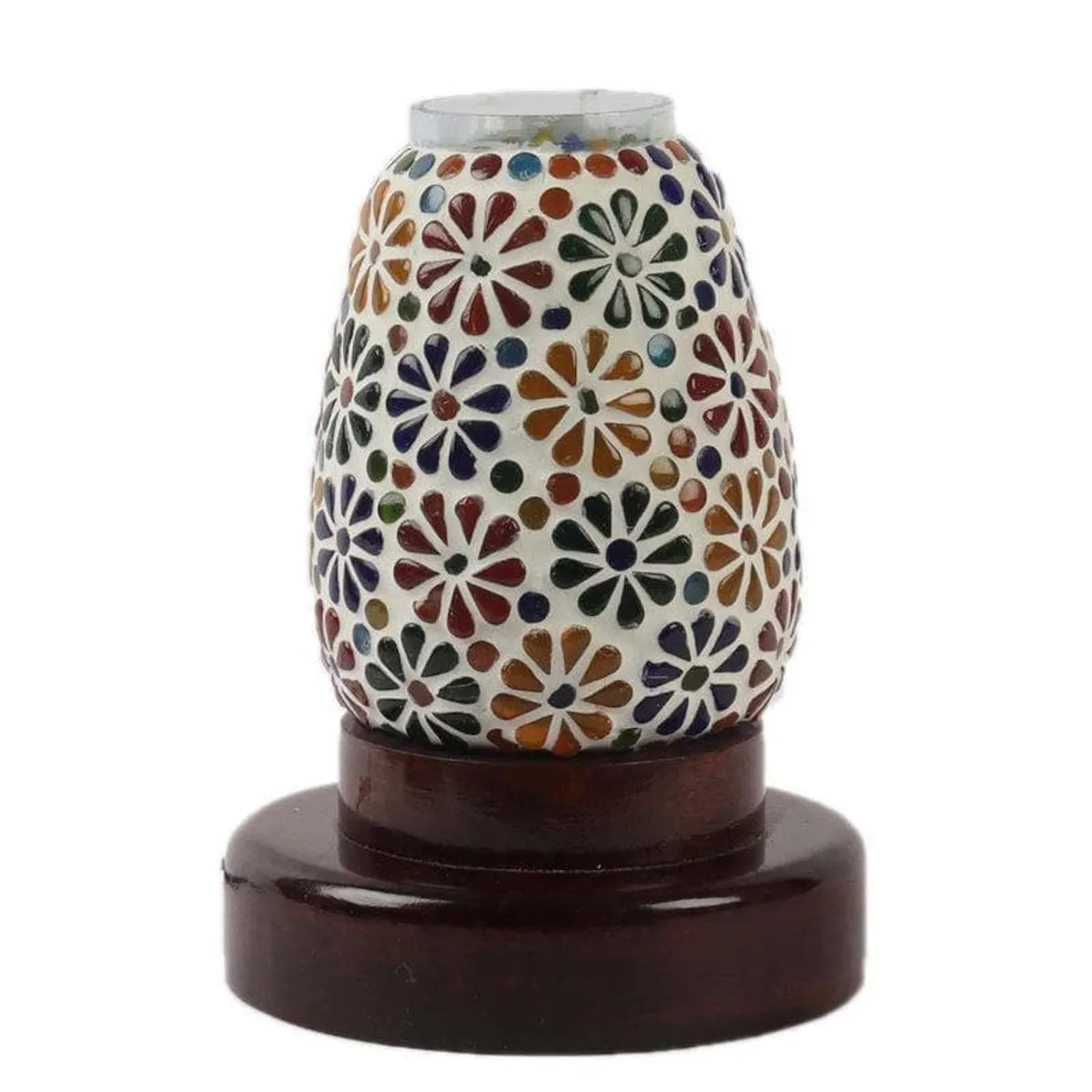 Multicolour floral mosaic glass table lamp with dark wood base