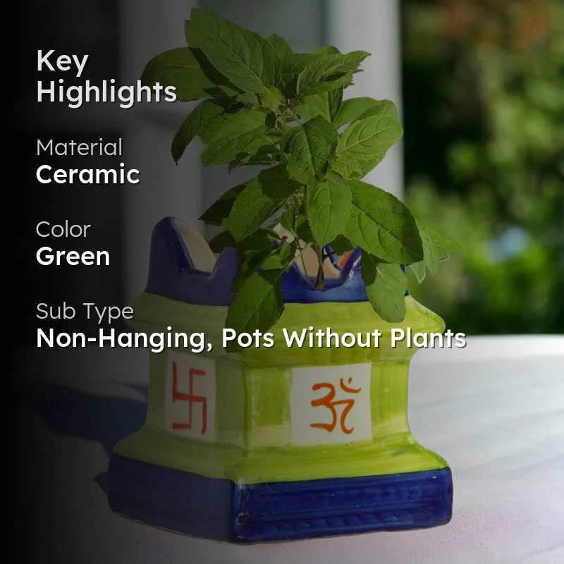 Adya Ceramic Table-Top Tulsi Planter - Green & Blue media 2