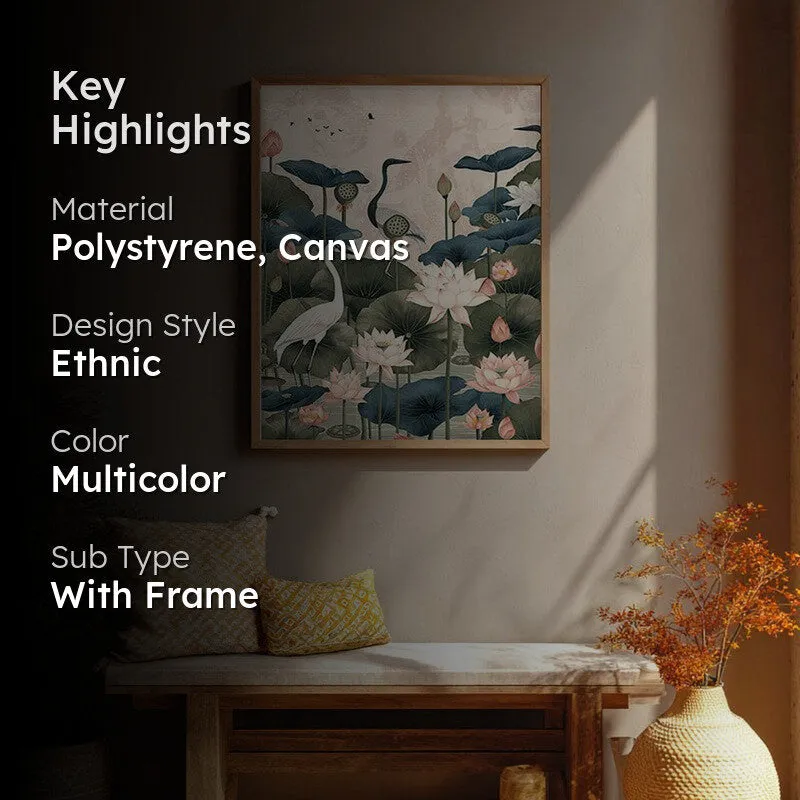 Lotus Garden Birds Canvas Wall Painting With Brown Frame media 2