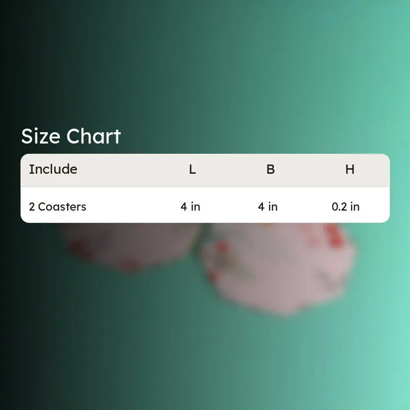 Blurred coaster background with a size chart graphic overlay