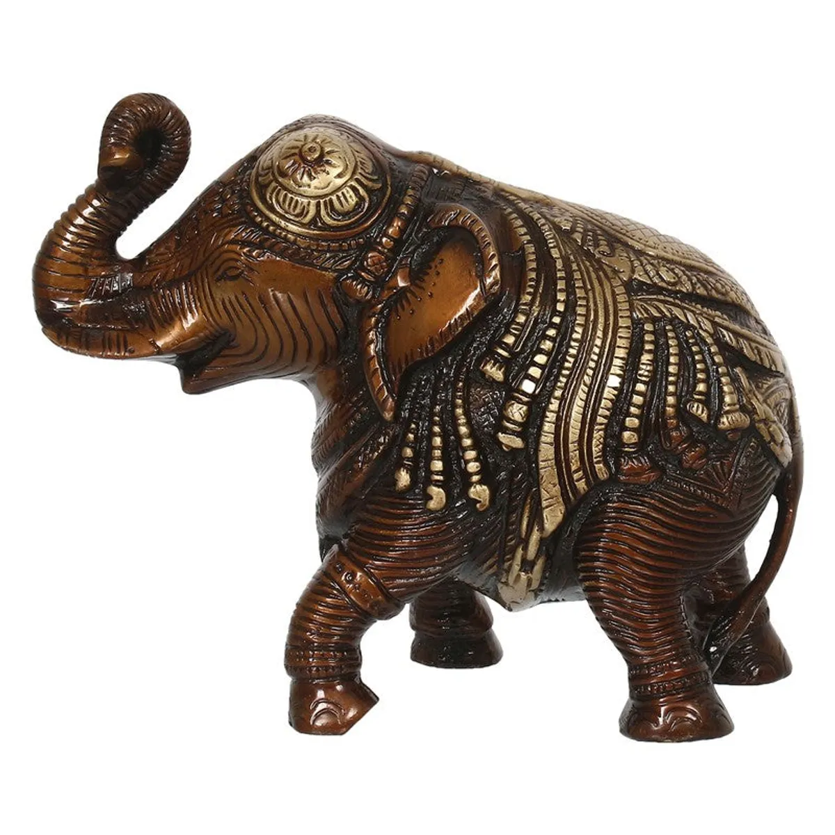 Side view of ornate brown and gold elephant showpiece