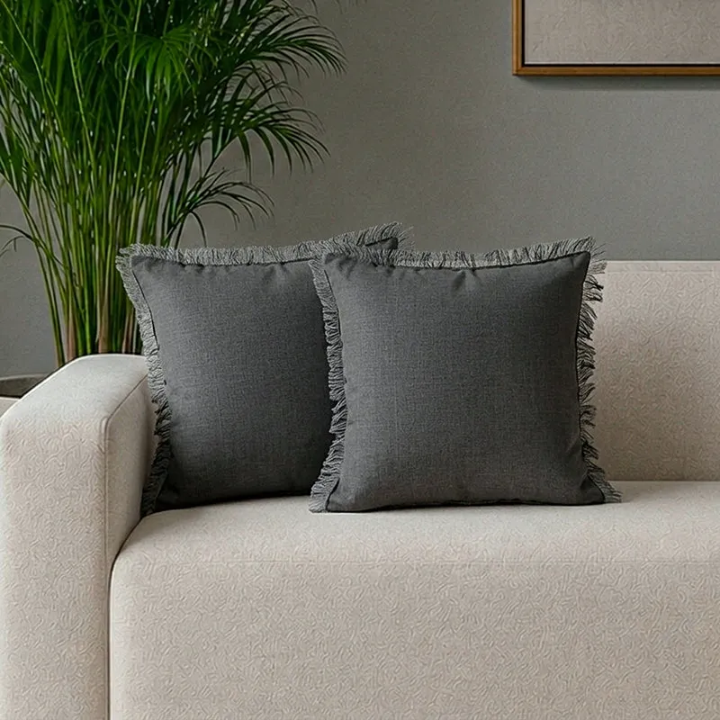 Elegant Edge Solid Cotton Cushion Cover (Grey) - Set Of Two media 1